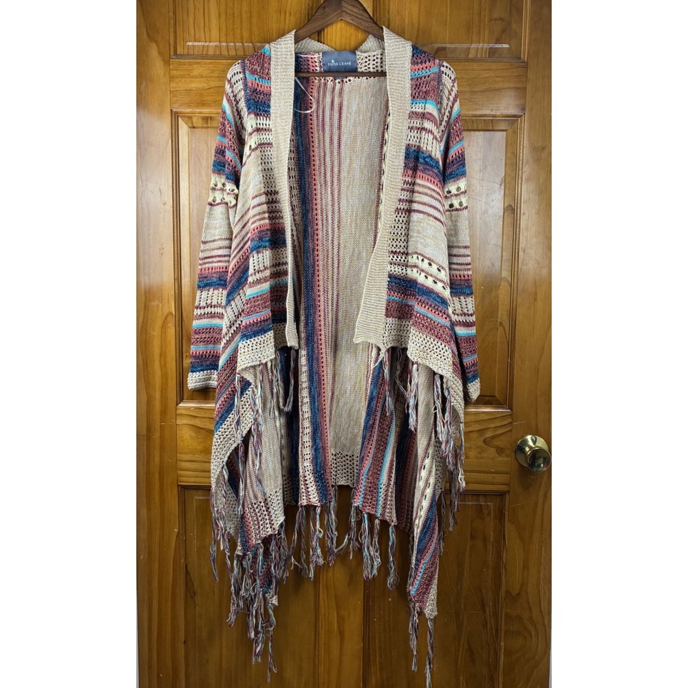 Paper Crane Womens S Boho Striped Fringe Open Front Cardigan Earthy Hippie